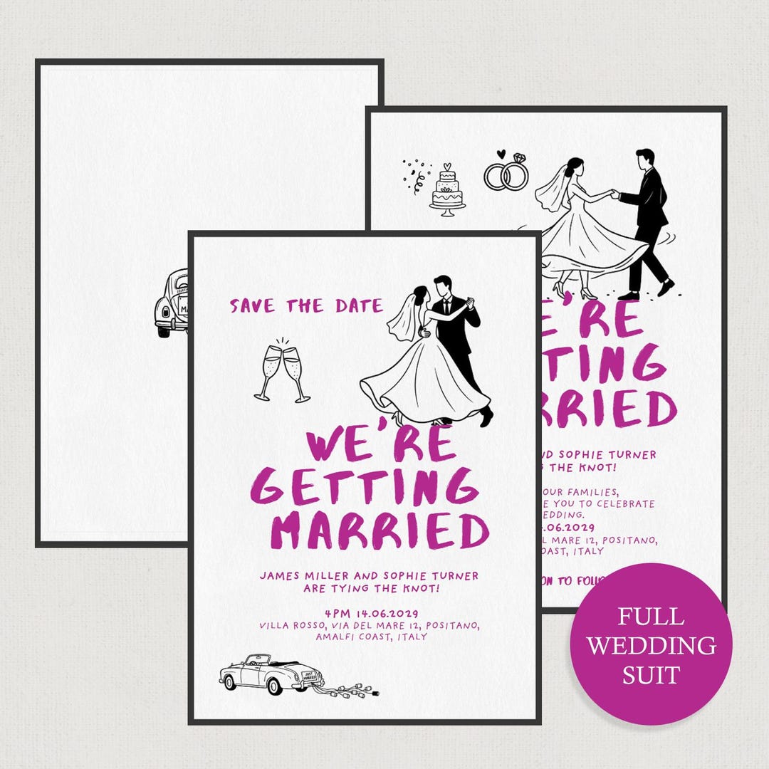 Fun Wedding Invitation Template Suite, Modern Editable Canva Invite Set ...