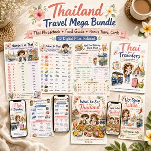 Op de afbeelding: Een Thailand reis mega bundel met taalgidsen, voedselgidsen en bonus reiskaarten. De afbeelding toont verschillende digitale bestanden en gedrukte gidsen met illustraties en tekst in het Engels en Thais.