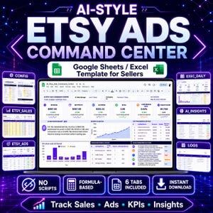 Könnte beinhalten: Eine digitale Tabellenkalkulationsvorlage für Etsy-Verkäufer mit dem Titel AI-STYLE ETSY ADS COMMAND CENTER. Die Benutzeroberfläche zeigt Datentabellen, Diagramme und Kennzahlen für Umsatz, Gewinn, Werbeausgaben und Konversionsraten sowie sechs Registerkarten zur Verfolgung von Verkäufen und Anzeigen.