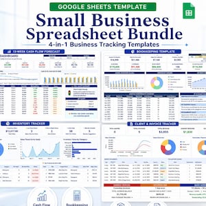 May include: A Google Sheets template bundle for small businesses featuring four tracking dashboards: 13-week cash flow forecast, bookkeeping template, inventory tracker, and client and invoice tracker with various charts, tables, and financial data.