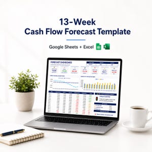 May include: A laptop displaying a 13-Week Cash Flow Forecast Template for Google Sheets and Excel. The screen shows a dashboard with financial data, charts, and tables. The text 13-Week Cash Flow Forecast Template is visible above the laptop.
