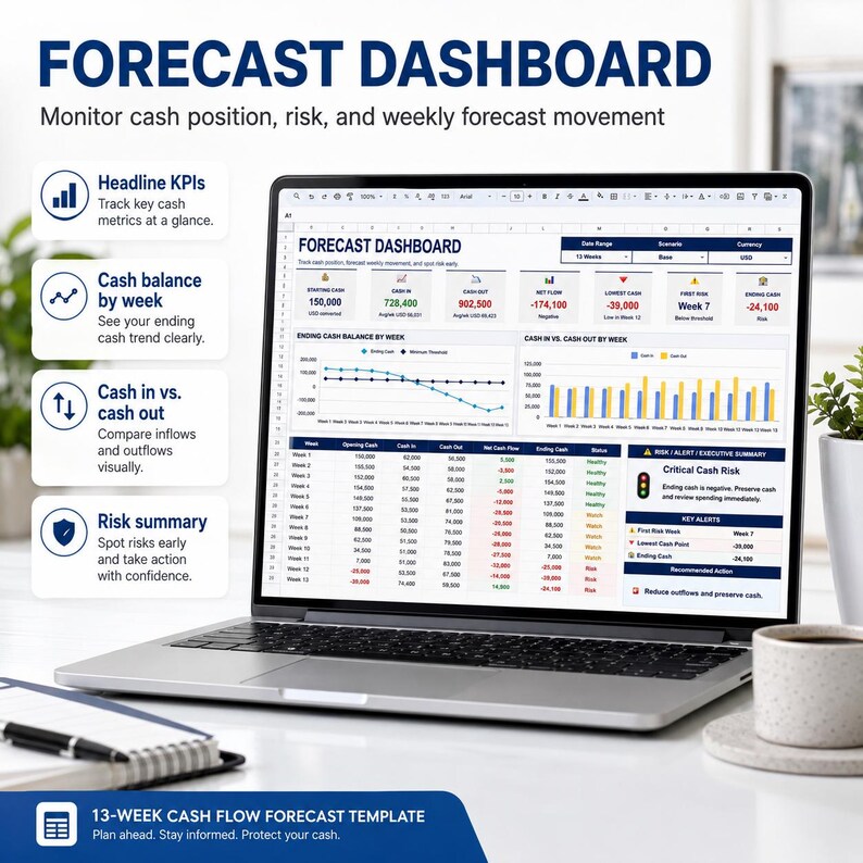 13 Week Cash Flow Forecast Google Sheets Excel Template, Small Business ...