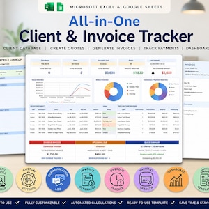 Client & Invoice Tracker Excel Google Sheets, Quote Generator, Payment Tracker, Small Business CRM, Invoice Log, Client Database Template