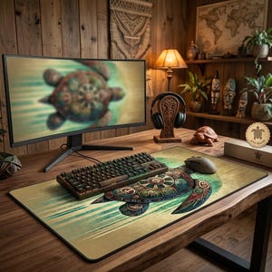 May include: A wooden desk with a computer setup featuring a turtle-themed mousepad, keyboard, and monitor displaying a turtle image. A wooden headphone stand holds headphones. A small wooden turtle figurine and a box with a turtle logo are also present.