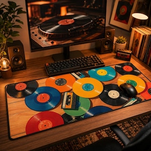 Può includere: Un'impostazione da scrivania con un monitor di computer che mostra un giradischi, altoparlanti e una tastiera. È presente anche un tappetino per il mouse con un design di disco in vinile in vari colori, tra cui rosso, blu e giallo.