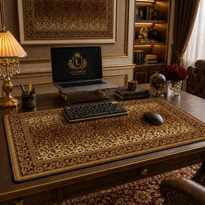Op de afbeelding: Een luxe bureau-opstelling met een bureaumat met luipaardprint, een laptop en een toetsenbord. De bureaumat heeft een gouden rand en een herhalend luipaardpatroon. De laptop toont het Luxoria-logo. Een gouden lamp en een pennenhouder staan ook op het bureau.