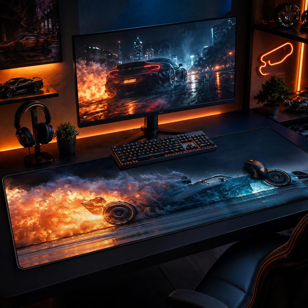 Motor Racing Desk Formula 1 Race Car Desk Pad, Fire and Ice Gaming Mouse Pad XL, Cool ...