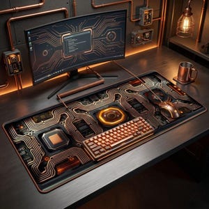 Può includere: Un'installazione informatica con un design a circuito stampato color rame. La scrivania presenta un monitor curvo, tastiera, mouse e tappetino per mouse, tutti con un'estetica abbinata. Una tazza di rame è sulla scrivania.