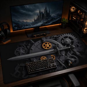 Könnte beinhalten: Schwarzes Gaming-Mauspad mit einem mittelalterlichen Fantasy-Design. Das Design umfasst Zahnräder, ein Schwert und eine Tastatur. Ein Computermonitor zeigt eine Burgszene. Tastatur und Maus sind ebenfalls schwarz.