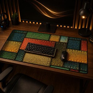 May include: A colorful desk mat with a patchwork design featuring rectangles in shades of yellow, green, red, and blue. A black keyboard and mouse sit on the mat, which is placed on a wooden desk. A computer monitor and desk lamp are in the background.