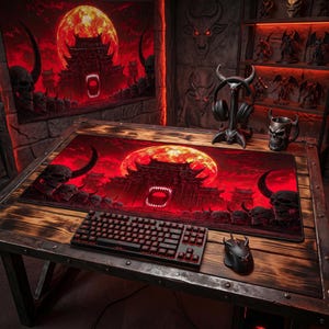 Alfombrilla de escritorio Red Moon Hell Gate, alfombrilla de ratón grande con calavera gótica, alfombrilla de juego de fantasía demoníaca, decoración de oficina oscura XL, regalo de terror, decoración para configuración de jugador.