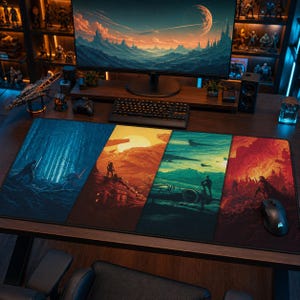 May include: A large desk mat featuring a Star Wars-themed design. The mat is divided into four sections, each depicting a different scene with characters and vehicles. The color palette includes blues, oranges, and reds, creating a dynamic and visually appealing aesthetic.
