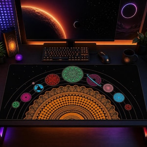 Alfombrilla de escritorio del Sistema Solar Celestial, alfombrilla de ratón Mandala Galaxy XL, alfombrilla de escritorio de geometría sagrada, decoración de oficina bohemia, alfombrilla de ratón grande para juegos, regalo espacial