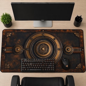 May include: A steampunk-themed desk mat with a dark brown and gold design. The mat features a central circular design with intricate gears and details, a keyboard, and a mouse. The mat is rectangular and designed to protect the desk surface.
