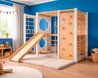 Wooden Indoor Playground for Kids with Slide, Climbing Wall - Monkey Bars