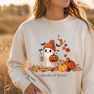 Halloween Pullover Damen, Cute Ghost Sweatshirt, Spooky & Sweet, Kürbis Herbst Pullover, süßes Gespenst
