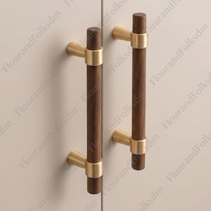 May include: Two cabinet pulls with a dark wood finish and brass accents. The pulls are cylindrical with a brass ring around the center and brass mounting hardware. The pulls are mounted on a light beige cabinet door.