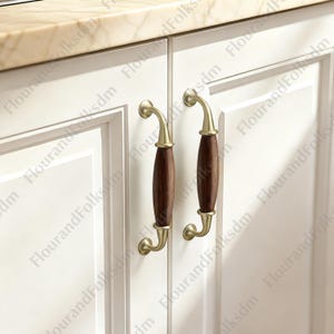 Walnut Wood Cabinet Pull, Brass Handle for Buffet Sideboard Wine Cabinet