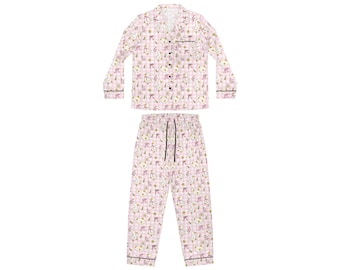 Pijama de satén con estampado floral de conejitos / Conjunto de dos piezas para mujer
