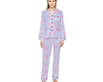 Pijama de satén rosa con estampado de conchas marinas / Conjunto de dormir para mujer