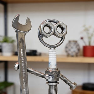 Könnte beinhalten: Eine skurrile Metallskulptur einer Figur aus verschiedenen Hardware-Komponenten. Der Kopf besteht aus zwei Muttern und einem gebogenen Metallstück, mit einem Zündkerzenhals. Ein Schraubenschlüssel wird in einer Hand gehalten. Die Figur hat Arme und Beine aus Bolzen und Schrauben.