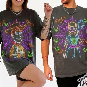 Toy Story Halloween Shirt, Neon Woody and Bo Peep Spooky Glow Tee, Comfort Colors Disney Halloween Matching Couple Shirts