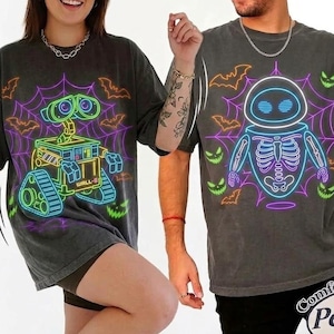 Camiseta de Halloween de Wall-E y Eve en neón, camiseta retro a juego para parejas de Pixar, camisetas de Halloween de Disney de Comfort Colors, temporada espeluznante