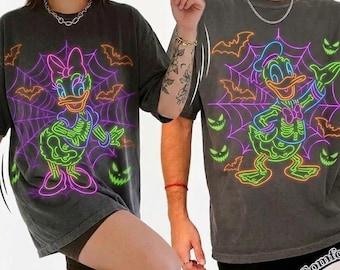 Disney Halloween Shirt Retro Donald Daisy Duck Skeleton Neon Tee, Comfort Colors Halloween Matching Shirts for Couples
