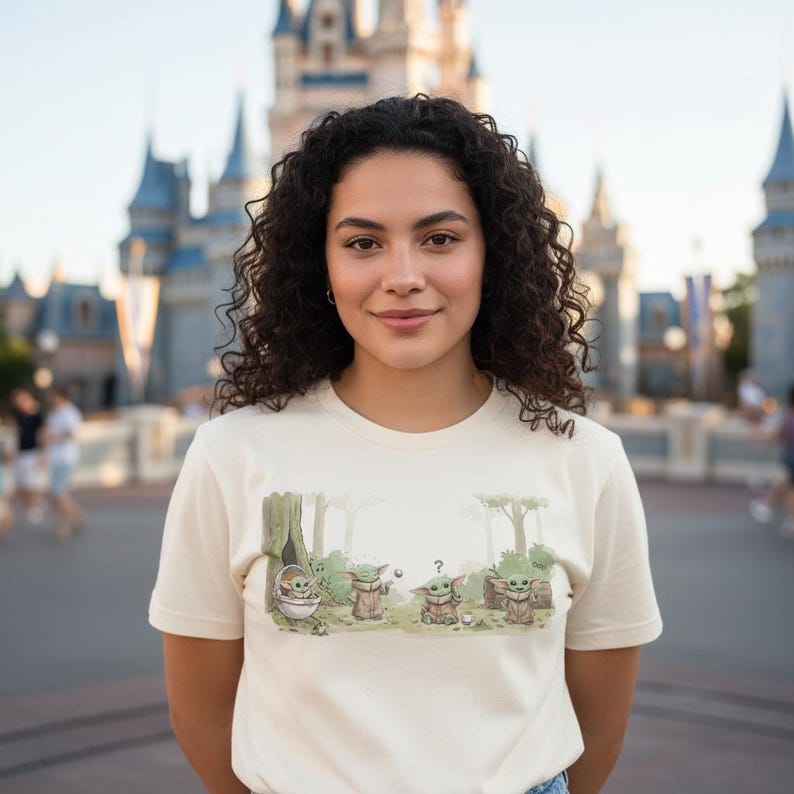 K&ouml;nnte beinhalten: Cremefarbenes T-Shirt mit einer Cartoon-Illustration von Grogu aus The Mandalorian. Das Design zeigt Grogu in verschiedenen Posen in einer Waldkulisse. Das Shirt ist ein kurz&auml;rmeliges Rundhals-Shirt.