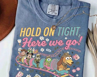 HOLD ON TIGHT Here We Go T-shirt, Retro Cartoon Roller Coaster Shirt, Disney Matching Family Trip Tee, Comfort Colors Theme Park Apparel
