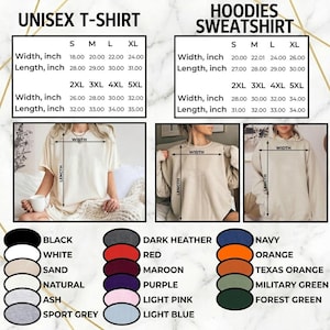 May include: Image showing a size chart for unisex t-shirts and hoodies. The t-shirt sizes range from small to 5XL, with measurements in inches for width and length. The hoodies also have a size chart with measurements in inches, and color options are listed.
