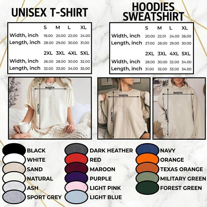 May include: Image showing a size chart for unisex t-shirts and hoodies. The t-shirt sizes range from small to 5XL, with measurements in inches for width and length. The hoodies also have a size chart with measurements in inches, and color options are listed.