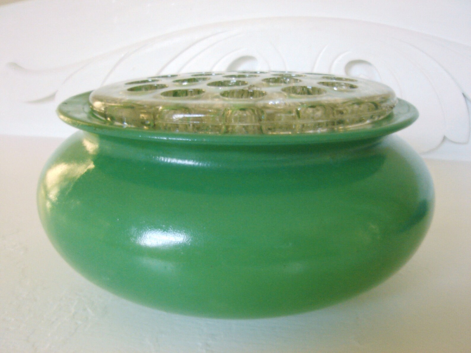 Vintage Green Glass Flower Frog Vase 40s 50s Etsy