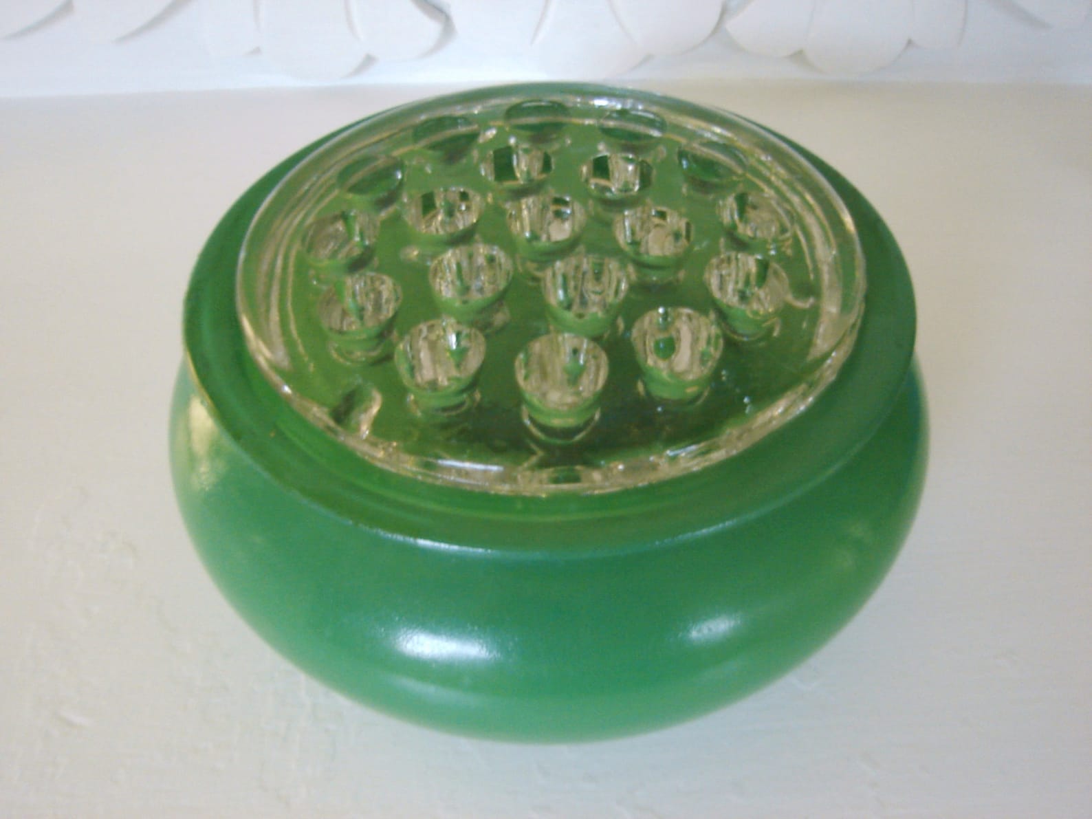 Vintage Green Glass Flower Frog Vase 40s 50s Etsy