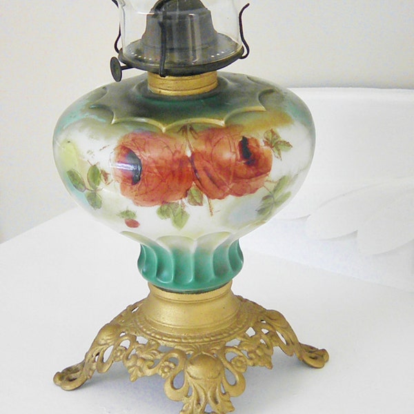 Victorian Floral Parlor Oil Lamp, Milk Glass