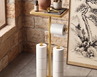 French Floor Standing Toilet Paper Holder with Storage, Top Phone Tray, Gold Steel - Bathroom Organizer, Freestanding Tissue Roll Stand