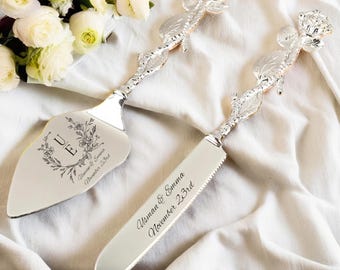 Personalized Cake Knife Set, Engraved Wedding Cake Server Set, Gold Rose Handle Cake Cutter, Bridal Shower Gift for Couple Keepsake