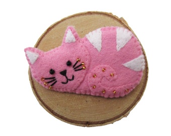 Cat brooch pin, pink felt cat pin, cat jewellery, cat accessories, cat gift