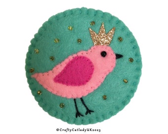 Felt Bird Brooch Pin: Hand Sewn Crowned Bird, Turquoise & Pink