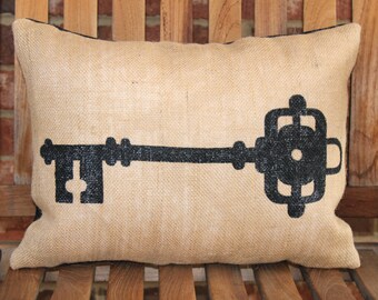 Hand Painted Burlap Skeleton Key #1 Pillow Cover