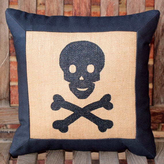Hand Painted Burlap Skull Crossbones Pillow Cover Etsy