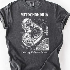 May include: Dark grey t-shirt featuring a white diagram of a mitochondria cell, with the word "MITOCHONDRIA" above it. The text "Powering life Since Forever!" is printed below. Made from Comfort Colors material.