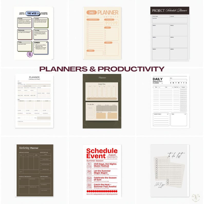 Pode incluir: Cole&ccedil;&atilde;o de planejadores e folhas de produtividade imprim&iacute;veis. Inclui um planejador semanal com o texto "THIS WEEK 23", um planejador di&aacute;rio, um planejador de projetos e um planejador de marketing. O texto "PLANNERS & PRODUCTIVITY" tamb&eacute;m &eacute; vis&iacute;vel.