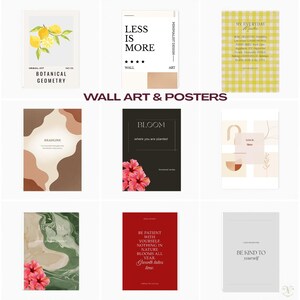 Pode incluir: Uma cole&ccedil;&atilde;o de arte de parede e cartazes. Os designs incluem ilustra&ccedil;&otilde;es bot&acirc;nicas, cita&ccedil;&otilde;es minimalistas e formas abstratas. A paleta de cores apresenta amarelos, verdes, castanhos e vermelhos. Alguns cartazes t&ecirc;m texto como "Bloom" e "Less is More".