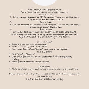 Pode incluir: Documento bege com texto preto detalhando instru&ccedil;&otilde;es para usar um pacote de modelos Canva. O texto inclui etapas para acessar arquivos, abrir no Canva, editar conte&uacute;do e personalizar o layout. O documento tamb&eacute;m inclui notas de uso.