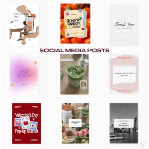 Pode incluir: Uma cole&ccedil;&atilde;o de posts de m&iacute;dia social com v&aacute;rios designs. Um post apresenta uma pessoa trabalhando em um laptop com um telefone exibindo um design. Outros posts incluem um livro intitulado "Graphic Design Trends", um cart&atilde;o de "Obrigado" e um an&uacute;ncio do mercado pop-up do Dia dos Namorados.