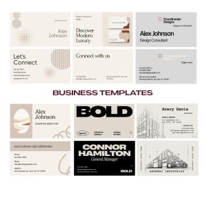 Pode incluir: Uma cole&ccedil;&atilde;o de modelos de cart&otilde;es de visita em v&aacute;rios designs. Os cart&otilde;es apresentam nomes, informa&ccedil;&otilde;es de contato e logotipos de empresas. A paleta de cores inclui bege, castanho e cinza, com texto em preto e branco. A frase "BUSINESS TEMPLATES" &eacute; exibida.