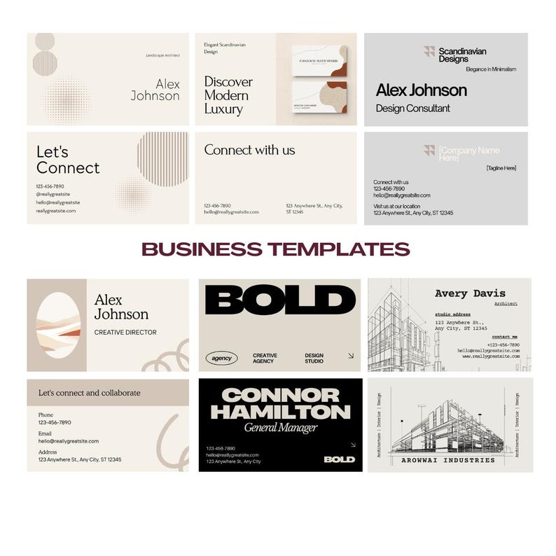 Pode incluir: Uma cole&ccedil;&atilde;o de modelos de cart&otilde;es de visita em v&aacute;rios designs. Os cart&otilde;es apresentam nomes, informa&ccedil;&otilde;es de contato e logotipos de empresas. A paleta de cores inclui bege, castanho e cinza, com texto em preto e branco. A frase "BUSINESS TEMPLATES" &eacute; exibida.