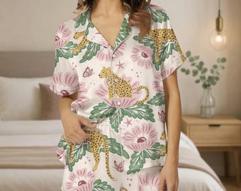 Leopard Botanical Pajama Set | Cute Cheetah Silk Pjs Women | Tropical Floral Satin Sleepwear | Exotic Jungle Loungewear Gift for Her