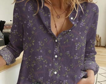 Chemise à fleurs lavande, chemisiers Cottagecore fleurs sauvages, haut d'été bohème fleurs sauvages
